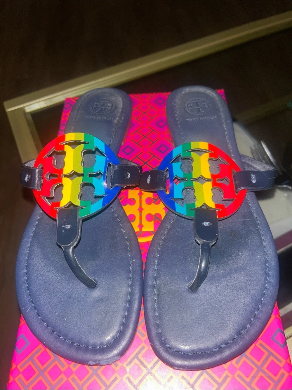 Tory Burch Navy Leather Sandals with Rainbow Logo Medallions 8.5